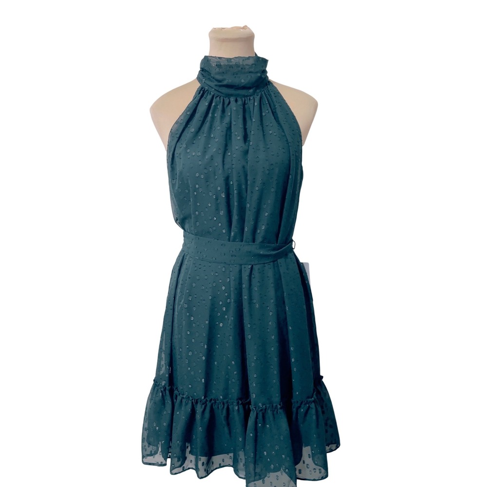 Taylor Petite  Dress 14P Green Clip Dot Halter Neck Mini Ruffle Hem Tie Waist